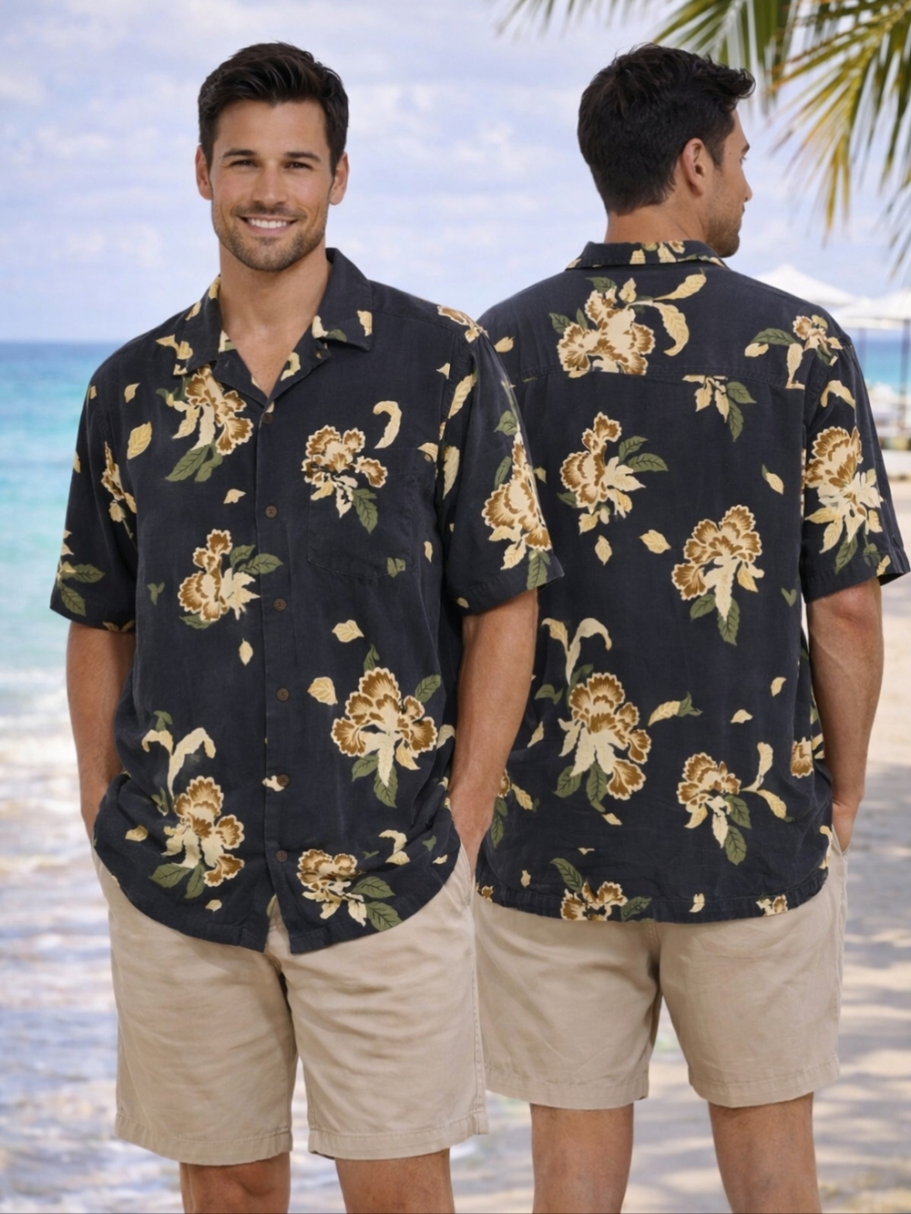 TOMMY BAHAMA Camp Shirt Mens Large Black Tan 100% Silk Hawaiian Resort Island